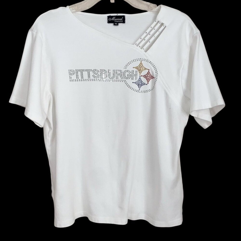 Pittsburg Steelers Sparkle Logo Knit Top Womens XL White Faux Jewel‎ Detail Fan